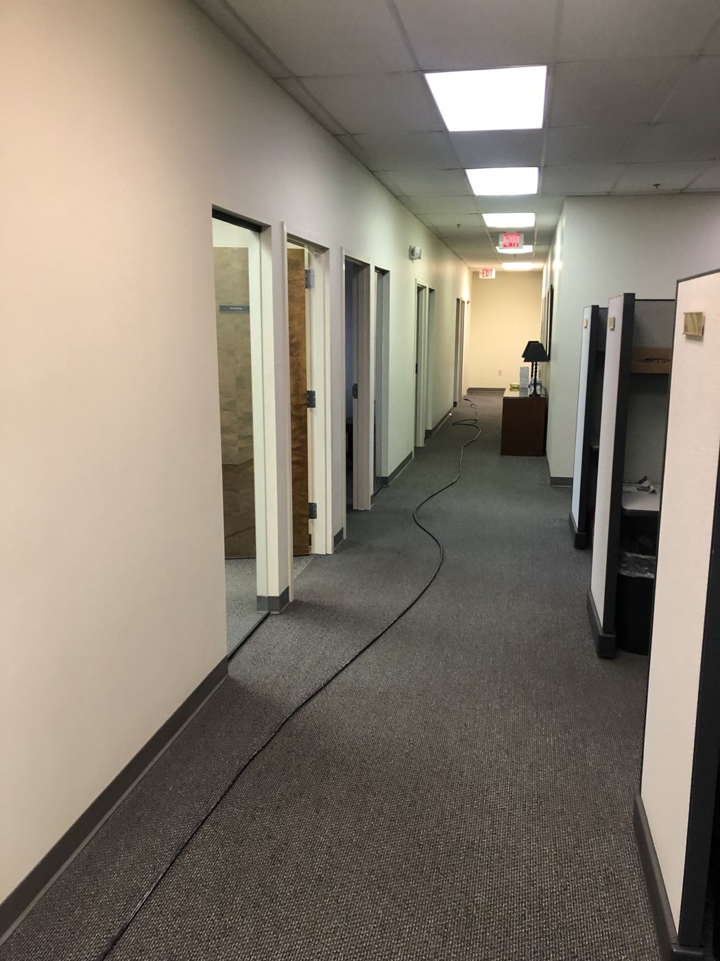 A long commercial corridor with carpet cleaned by DCA